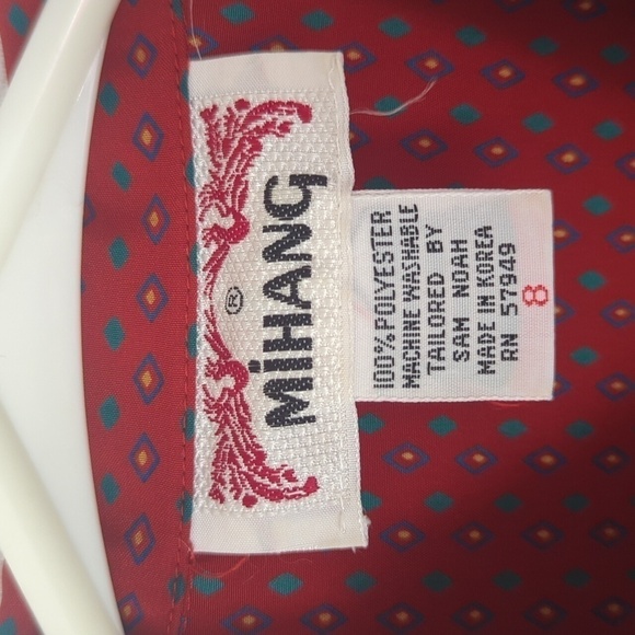 Vintage Mihang Red Diamond Patterned Pleat Front Puff Sleeve Button Up Size 8 - Picture 2 of 9